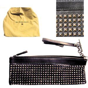 Burberry Prorsum Black Studded Leather Clutch Purse, Large Wristlet 12 x 4.5